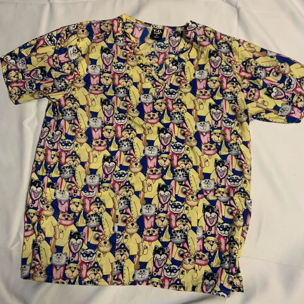 Smart Scrubs Cartoon Cats & Dogs Print Scrub Top - Yellow, Pink, Blue
